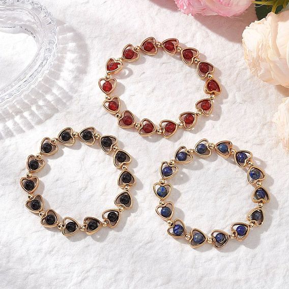 3 Браслеты-цепочки из натуральных бусин черного оникса, сердолика и лазурита для женщин, рамки из пластиковых бусин с сердечками ccb