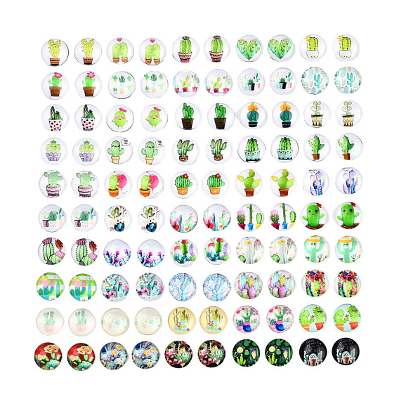 Glass Cabochons, Half Round/Dome with Cactus Pattern