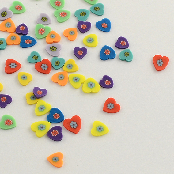 Handmade Polymer Clay Cabochons, Polymer Clay Slices for Nail Art, Phone Case Decoration & Resin Crafts, Heart with Flower, 5~7x5~7x1mm