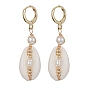 Natural Shell & Pearl Dangle Leverback Earrings, Brass Wire Wrap Drop Earrings