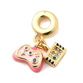 Латунные микро-паве цветные кубические цирконии европейские подвески-шармы, с розовым эмали, Подвески с большими отверстиями, без кадмия и без свинца, игровой контроллер и телевизор