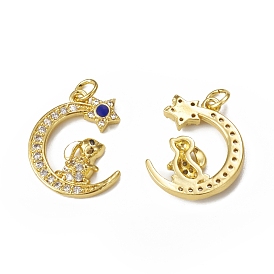 Brass Micro Pave Cubic Zirconia Pendants, with Jump Ring, Moon with Rabbit Charm