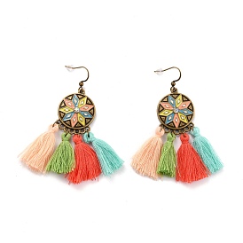 Bohemia Vintage Flat Round with Tassel Dangle Earrings, Zinc Alloy Chandelier Earrings for Women, Antique Bronze