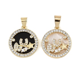 Brass Micro Pave Clear Cubic Zirconia Pendants, with Acrylic, Flat Round with Star Charms, Real 18K Gold Plated