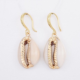 Electroplate Cowrie Shell Dangle Earrings, with Brass Earring Hooks, Real 18K Gold Plated