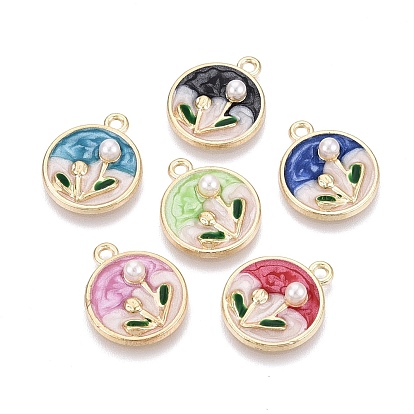 Подвески из эмали и сплава, плоские круглые и цветочные подвески, с ABS имитации жемчуга, золотой свет