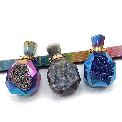 Electroplated Natural Druzy Agate Openable Perfume Bottle Pendants, with Golden Tone Brass Findings, Bottle Charm