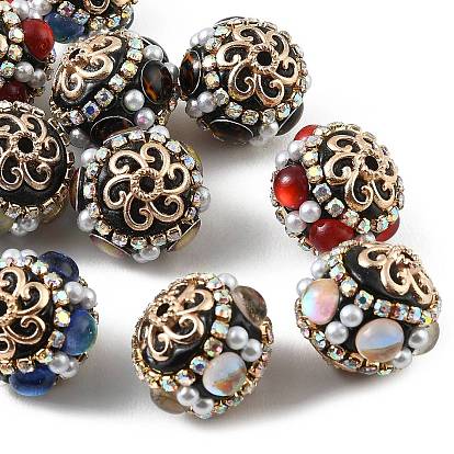 Cuentas hechas a mano de arcilla polimérica indonesia, con aleación, resina, componentes de latón, perlas de imitación ABS y cristales de imitación de diamantes., redondo floral, la luz de oro