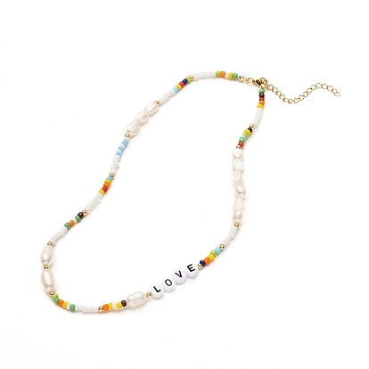 Love Beaded Necklace for Teen Girl Women, Glass Seed & Acrylic & Natural Pearl Beads Necklace