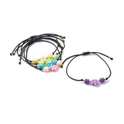 Adjustable Nylon Thread Cord Bracelets, with Handmade Column Polymer Clay and Brass Spacer Beads, Flower