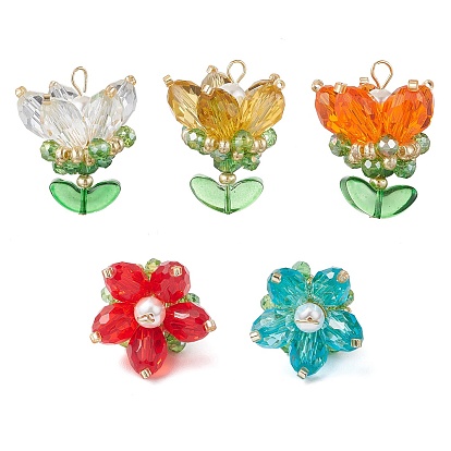 Прозрачные стеклянные подвески, цветочный шарм, со стеклянными жемчужными бусинами и 304 петлями из нержавеющей стали