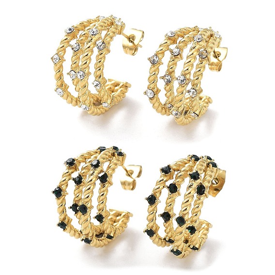 Real 18K Gold Plated 304 Stainless Steel Stud Earrings with Rhinestone, Split Earrings, Half Hoop Earrings