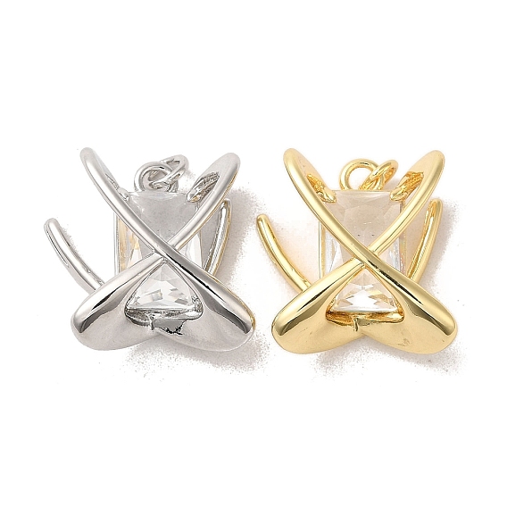 Brass Micro Pave Clear Cubic Zirconia Pendants, Cadmium Free & Lead Free, Rectangle