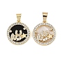 Brass Micro Pave Clear Cubic Zirconia Pendants, with Acrylic, Flat Round with Star Charms, Real 18K Gold Plated
