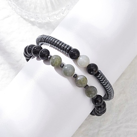 2шт. эластичные браслеты из бусин из смешанных драгоценных камней и синтетических камней, раунд и кости