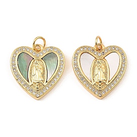 Brass Cubic Zirconia with Shell Pendants, Long-Lasting Plated, Lead Free & Cadmium Free, Heart with Saint