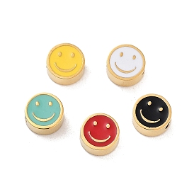 Ion Plating(IP) 304 Stainless Steel Enamel Beads, Flat Round with Smiling Face, Golden