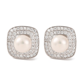 925 Sterling Silver Square Stud Earrings, with Natural Pearl & Clear Cubic Zirconia