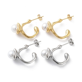 304 Stainless Steel Stud Earrings, Twist Rectangle Half Hoop Earrings with Plastic Pearl