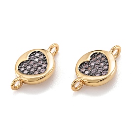 Brass Micro Pave Clear Cubic Zirconia Beads Links Connectors, Long-Lasting Plated, Flat Round with Heart