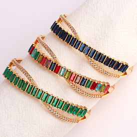 Geometric Colorful Zircon Inlaid Bracelet with 18K Gold Plated Copper X-shaped Cross Bangle