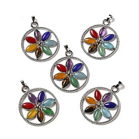 Chakra Natural Gemstone Pendants, Flat Round with Flower Charms with Alloy Rings, Mixed Dyed and Undyed