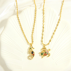 Colorful Zircon Seahorse Turtle Pendant Necklace - Cute Style, 18K Gold Plated Copper Jewelry.