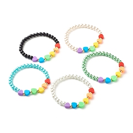 Heart Beads Stretch Bracelet for Girl Women, Glass Pearl & Polymer Clay & Brass Beads Bracelet