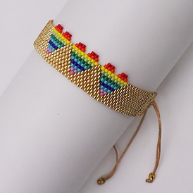Rainbow Gradient 3 Heart Miyuki Bracelet for Women with Gold Beads Handmade