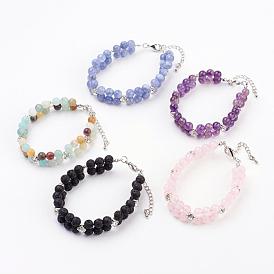 Natural Gemstone Beads Multi-strand Bracelets, with Rhinestone, Stainless Wire and Brass & Iron Findings