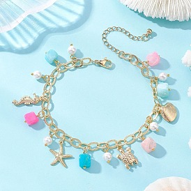 Браслеты на лодыжку для женщин с морской тематикой, окрашенным натуральным агатом и стеклянным жемчугом, а также подвесками в виде морской звезды и черепахи из нержавеющей стали., красочный