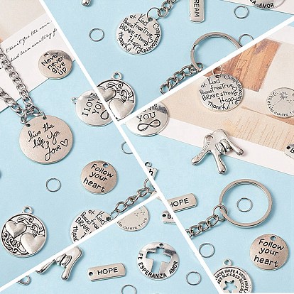 DIY Motivation Word Charm Keychain Making Kit, Including Iron Key Rings, Tibetan Style Alloy Heart & Flat Round & Oval & Wing & Angel & Gesture Pendants
