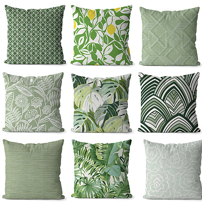 Green Series Polyester Throw Pillow Covers, Cushion Cover, for Couch Sofa Bed, Square with Leaf/Flower/Tartan Pattern