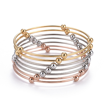 Fashion 304 Stainless Steel Bangle Sets, with Round Beads