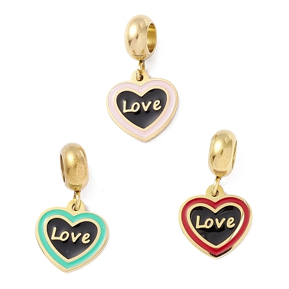 304 Stainless Steel European Dangle Charms, Large Hole Pendants, with Enamel, Heart & Word Love