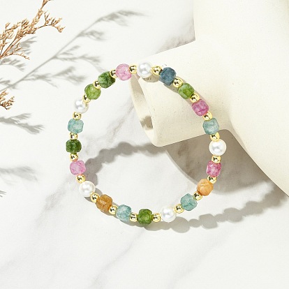 Эластичные браслеты для женщин из натурального турмалина, жемчуга и немагнитных синтетических гематитовых бусин., куб и круглый