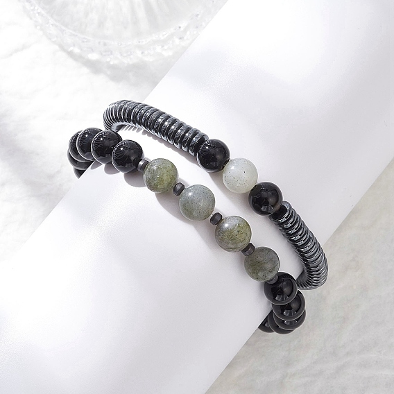 2шт. эластичные браслеты из бусин из смешанных драгоценных камней и синтетических камней, раунд и кости