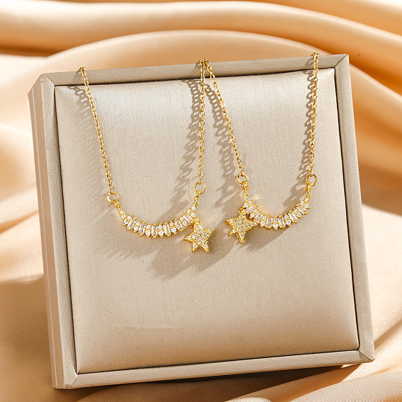 Подвеска в виде звезды из латуни с прозрачными кубическими циркониями 304 цепочка из нержавеющей стали для женщин
