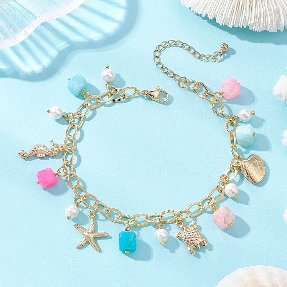 Браслеты на лодыжку для женщин с морской тематикой, окрашенным натуральным агатом и стеклянным жемчугом, а также подвесками в виде морской звезды и черепахи из нержавеющей стали., красочный