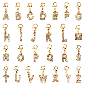 26Pcs Alloy Rhinestone Pendant Decorations, Letter, with Alloy Lobster Claw Clasps