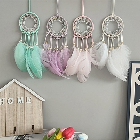 Cotton Woven Net/Web with Feather Hanging Decorations, Glass Braided Beads Hanging Ornaments for Home Office Decoration