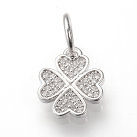 Brass Micro Pave Cubic Zirconia Charms, with Jump Rings, Four Leaf Clover