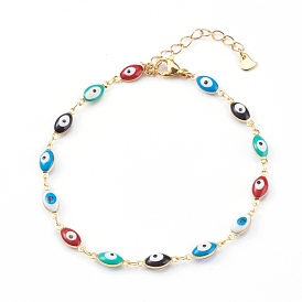 Brass Enamel Evil Eye Anklets, with 304 Stainless Steel Lobster Claw Clasps, Golden