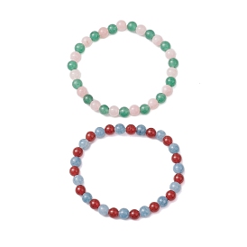 2Pcs 2 Styles 6.5mm Natural Green Aventurine & Dyed White Jade & Quartz & Carnelian Round Beaded Stretch Bracelet Sets, Stackable Bracelets for Women