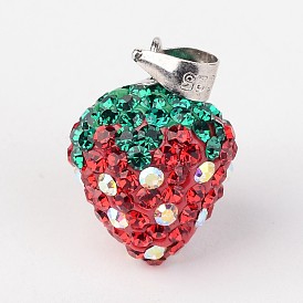 Полимерная глина чешский горный хрусталь подвески, клубника, с 925 стерлингов серебра нахождения, 18x11.5 мм, отверстие : 3x4 мм