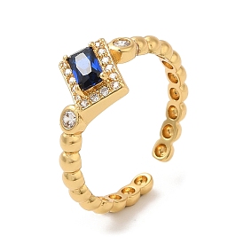 Rack Plating Brass Cuff Rings, Glass & Cubic Zirconia Open Ring for Women, Lead Free & Cadmium Free