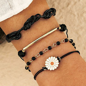 Bohemian Style Multi-layer Bracelet Set with Geometric Beads and Daisy Charms