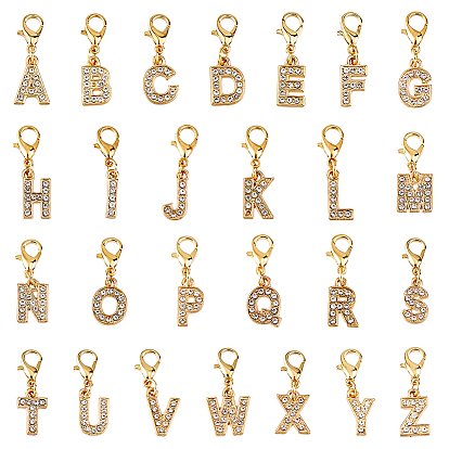 26Pcs Alloy Rhinestone Pendant Decorations, Letter, with Alloy Lobster Claw Clasps