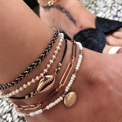 Boho Style Handmade Multi-layered Foot Chain Set with Rice Beads and Seashells - 5 Pieces for Women