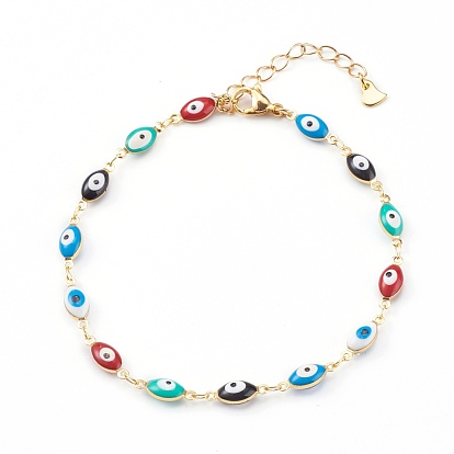 Brass Enamel Evil Eye Anklets, with 304 Stainless Steel Lobster Claw Clasps, Golden